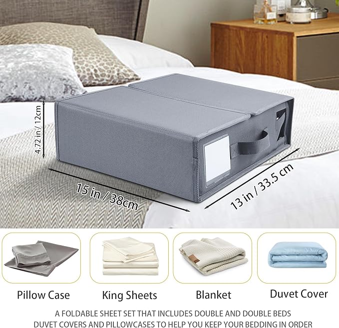 Bed Sheet Organizers and Storage - Foldable Sheet Cube Storage Container with Handles and Labels, Bedding Storage Box for Linen Closet, Wardrobe, Under Bed, Fits King/Queen Sheets, Towels (4 PCS)