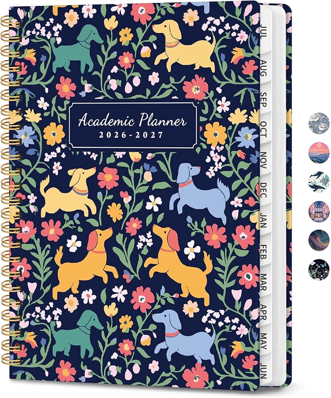 Planner 2026-2027, Hardcover Monthly and Weekly Academic Planner July 2026 - June 2027, Teacher and Student Calendar Agenda Book with Tabs, A5 (6.3" x 8.5"), Ideal for School and Office, Dachshund Party