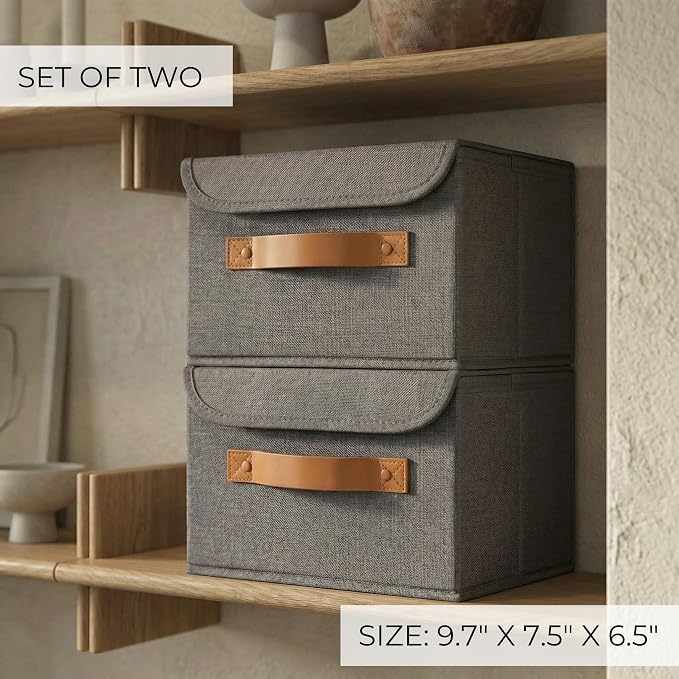 Decorative Linen Storage Boxes with Lids - Spacious Set of 2 Organizer Bins for Your Home Decor - The Perfect Small Container to Safely Store Photos, Documents and Memory Box Keepsakes in Style