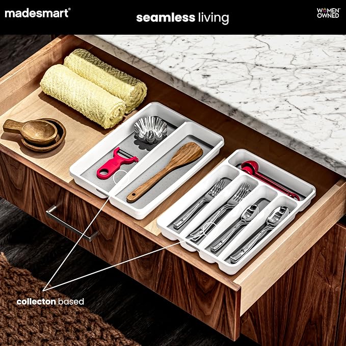 madesmart Small Silverware Tray, Compact 5 Compartment Flatware Organizer for Forks, Knives & Spoons, Non Slip, Soft Grip Lining, Fits Small Drawers, White