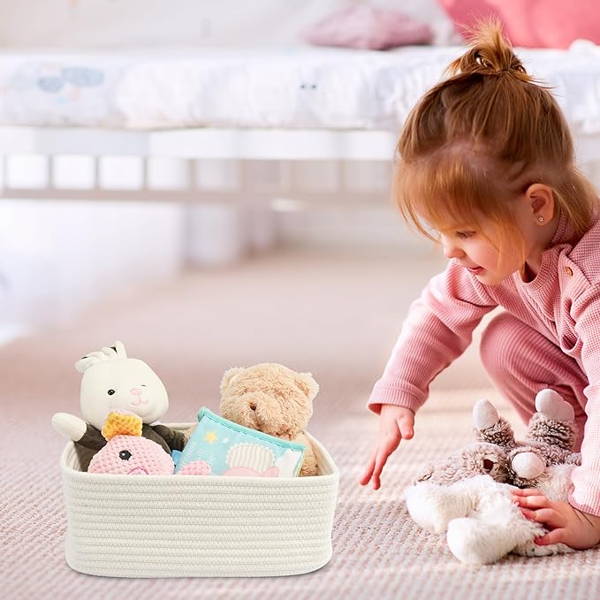 XUANGUO Small Woven Storage Baskets 13“X9”X5“ Decorative Rope Bins for Organizing Shelves, Closets, and Toys, Empty Gift Baskets, Cute Organizer Basket for Home and Office White Large