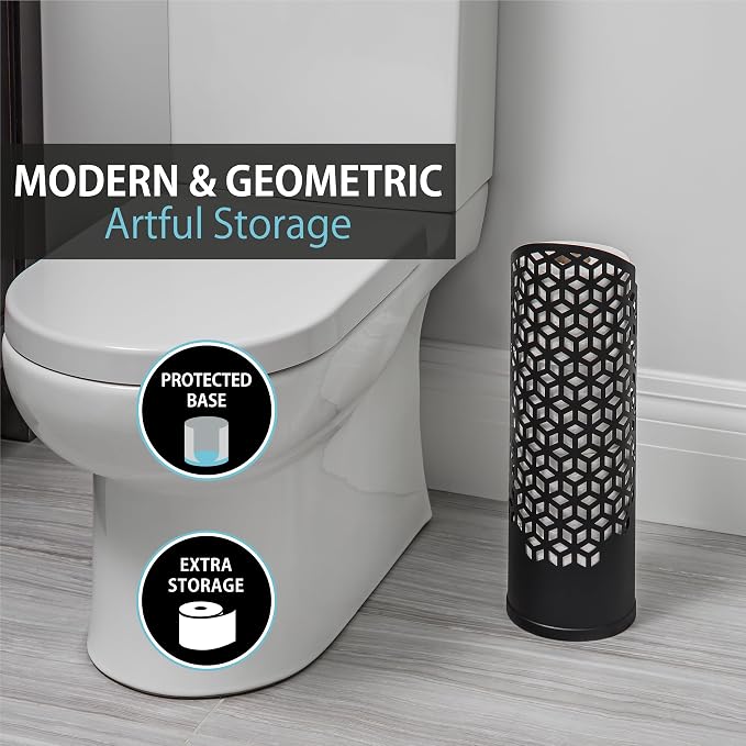 Better Living Rollo Hexacube Toilet Tissue Reserve, Bathroom Paper Storage Holder Stand for 4 Jumbo Rolls, Metal Freestanding Toilet Paper Tissue Roll Holder, No Assembly, Matte Black