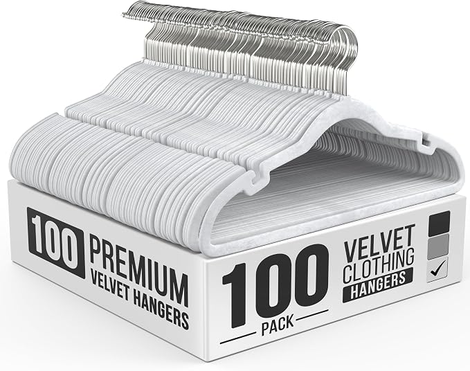 Our Modern Space 100 Pack Velvet Hanger for Shirt Pants Dresses Skirts Suits Jackets - Slim Space Saving Design - Standard Coat Hanger - Sturdy & Durable Design with Shoulder Grooves Hook
