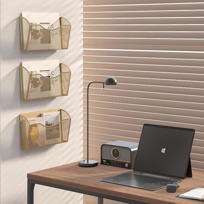 EasyPAG Wall File Organizer, Metal Mesh Hanging File Folder Holder for Letter/A4 Size Folders, Vertical Wall Mount Mail Sorter for Office Paperwork, Classroom, Gold