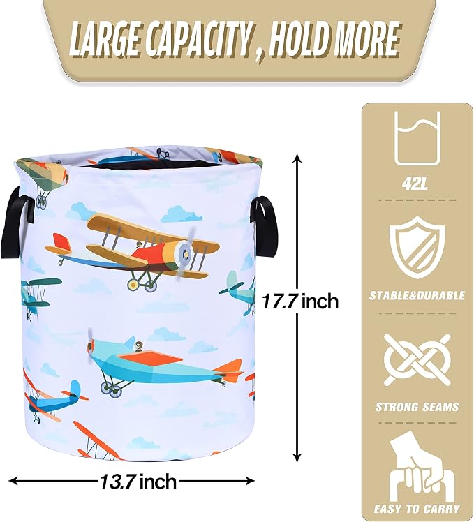 Funny Plane Laundry Basket Foldable Oxford Cloth Tote Bag Laundry Hamper Clothes Storage Bucket Organizer For Bathroom/Laundry Storage/Bedroom Storage Basket 18.9x16.5 Inch