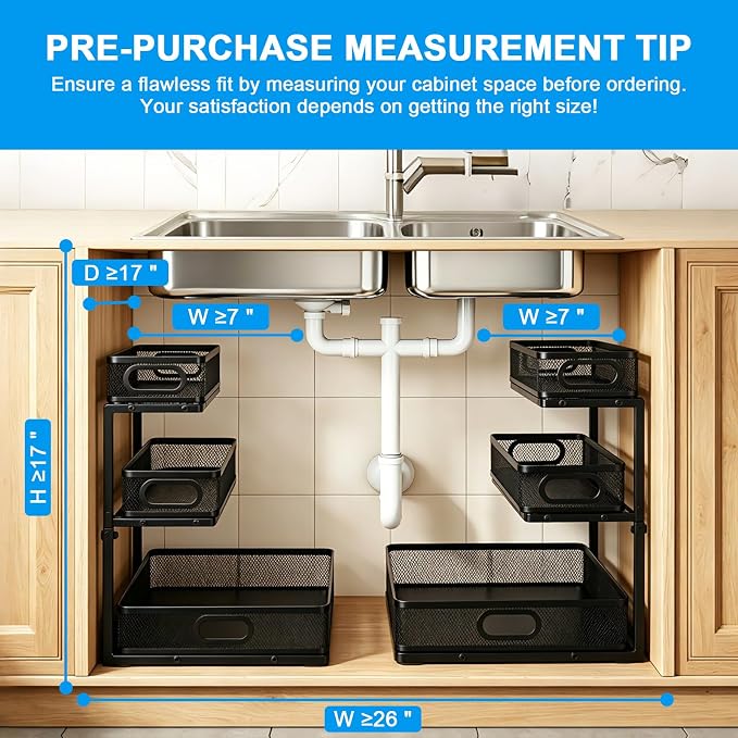 Under Sink Organizer, 1-Pack 3-Tier Thickened Metal Pull out Cabinet Organizer Shelf, Height Adjustable Slide out Storage Drawer Rack for under sink organizer bathroom Kitchen,Laundry Room & Pantry | Space-saving cabinet organizer, solid build, easy as...
