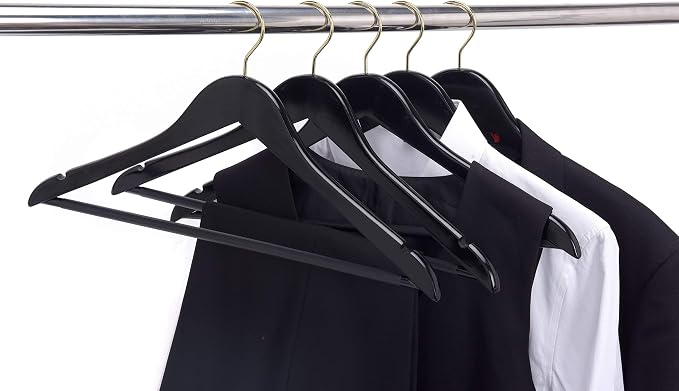 Quality Black Wooden Hangers - Slightly Curved Hanger Set of 20-Pack - Solid Wood Coat Hangers with Stylish Chrome Hooks - Heavy-Duty Clothes, Jacket, Shirt, Pants, Suit Hangers (Black-Gold Hook, 20)