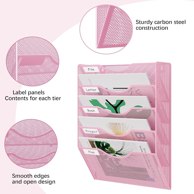 EasyPAG Wall File Organizer 5 Tier Hanging Paper Folder Holder, Zero Assembly Metal Mesh Wall Mounted Mail Organizer for Office Home Classroom Narrow Spaces, Pink