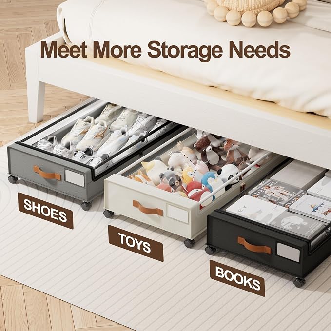 LAMU Under Bed Storage with Wheels, 2 Pack Under Bed Storage Containers with Clear Lid, XXL 60 L Underbed Storage Bins, Rolling Under Bed Metal Drawers for Clothes, Blankets, Shoes, Beige