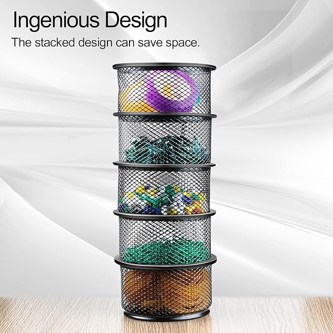 grwanpen®5-Pack Stackable Mesh Desk Organizer Bins - Durable Storage Containers for Paper Clips, Rubber Bands, and Office Supplies, Black