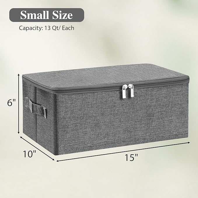 ANMINY Storage Bins with Zipper Lids 13 Qt Lidded Fabric Storage Boxes Baskets Cubes with Handles Collapsible Washable Cotton Linen Closet Shelf Clothes Organizer Containers - Gray, Small