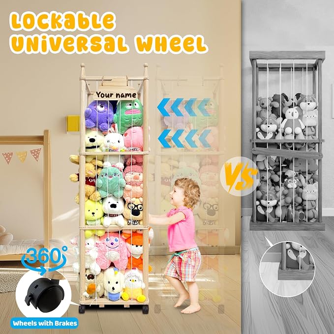 Pmbqifay Stuffed Animal Storage/Organizer Cute Wooden Stuffed Animal Zoo Storage Plush Toy Holder Cage for Nursery Toddler Rooms,Playrooms & Bedrooms with Toy Storage Bags for Building Blocks,Puzzle