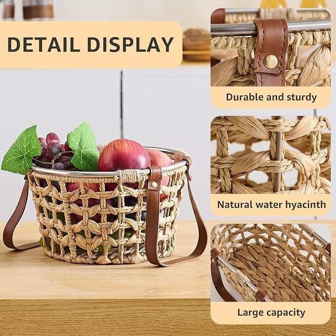 Farmhouse Wicker Egg Basket for Collecting Fresh Eggs, Round Storage Basket with Handle, Brown, Sea Grass