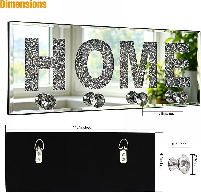 Crushed Diamond HOME Key Holder, Silver Mirror Wall Decor,11.8" ,4 Hooks | crushed diamond silver mirror with safe beveled edges,4 2-lb capacity acrylic hooks ,shatterproof, for keys/scarves/bags etc.