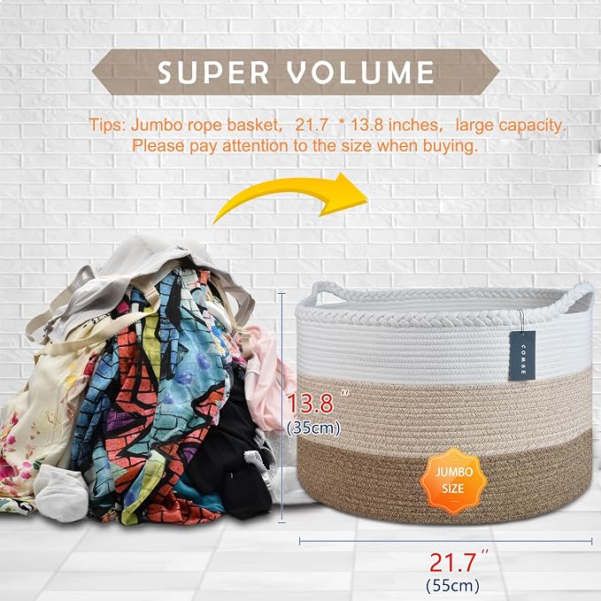 COMSE Extra Large Blanket Basket, Woven Laundry Basket, 21.7”x 13.8”, Nursery Hamper, Cotton Rope Laundry Hamper Living Room for Storage Toys Clothes Towels(White & Gradient Brown)