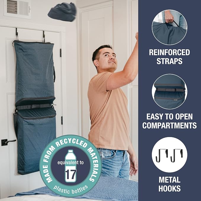 CleverMade Convertible Double Laundry Hamper, 43L, Over-the-Door, Ocean | Dual compartments, bottom zippers, hooks and carry strap streamline sorting and unloading for dorms, apartments and bathrooms