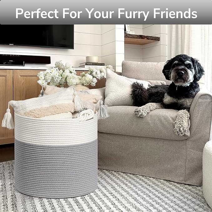 Goodpick Toy Basket for Kids, Woven Rope Blanket Basket for Living Room Nursery Baby Laundry Baskets for Organizing Clothes, Gray