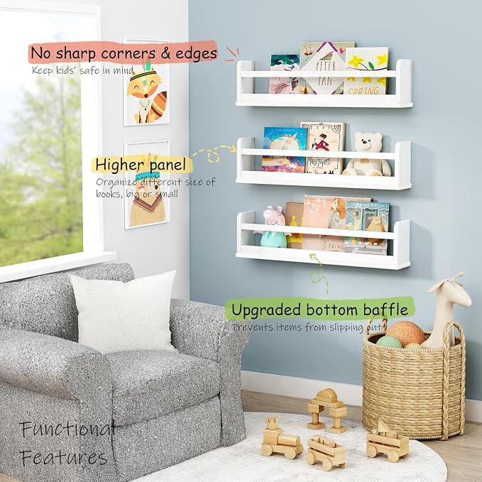 Harwaya White Wall Bookshelf for Kids Room, 24 Inch Toddler Nursery Bookshelf Wall Mounted for Baby Boy Girl Bedroom, Floating Childrens Book Shelves with Hanging Rod for Books - Set of 3