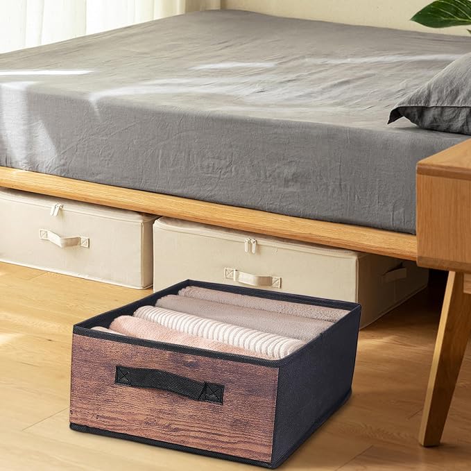 JAKAGO Fabric Storage Bins set of 4 Rectangle Storage Baskets with Handle Foldable Closet Organizer for Clothes Towel bedding Books Collapsible Clothing Container for Shelves Bedroom(Wood Low)
