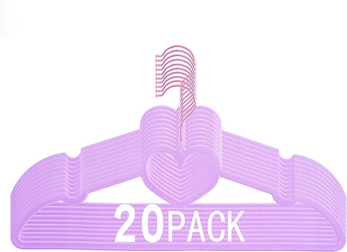 Velvet Hangers 20 Pack,16 Inch Non Slip Heart Hanger (Light Purple) | 360° Swivel Hooks, Cascade Design, Space Saving
