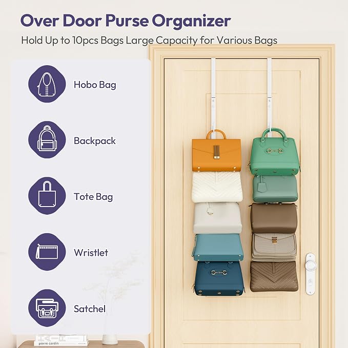 SWTYMIKI Over the Door Purse Organizer - 2 Packs Wall Mounted Purse Rack with 5 Hooks Design, Hanging Handbag Organizer Storage Holds up to 10 Bags, Bag Rack for Closet, Door (White)