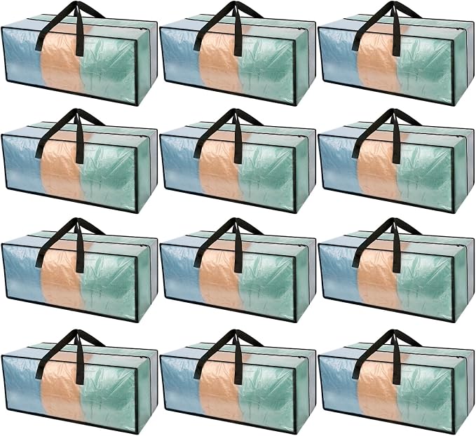Heavy Duty Clear Moving Bags with Strong Zipper & Comfortable Handles | 12 Pack Extra Large Storage Bags Totes Moving Boxes Packing Supplies for College Dorm Room Essentials Compatible with IKEA