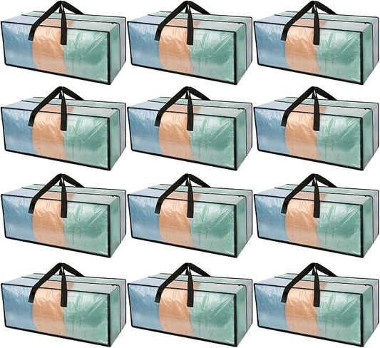 Heavy Duty Clear Moving Bags with Strong Zipper & Comfortable Handles | 12 Pack Extra Large Storage Bags Totes Moving Boxes Packing Supplies for College Dorm Room Essentials Compatible with IKEA