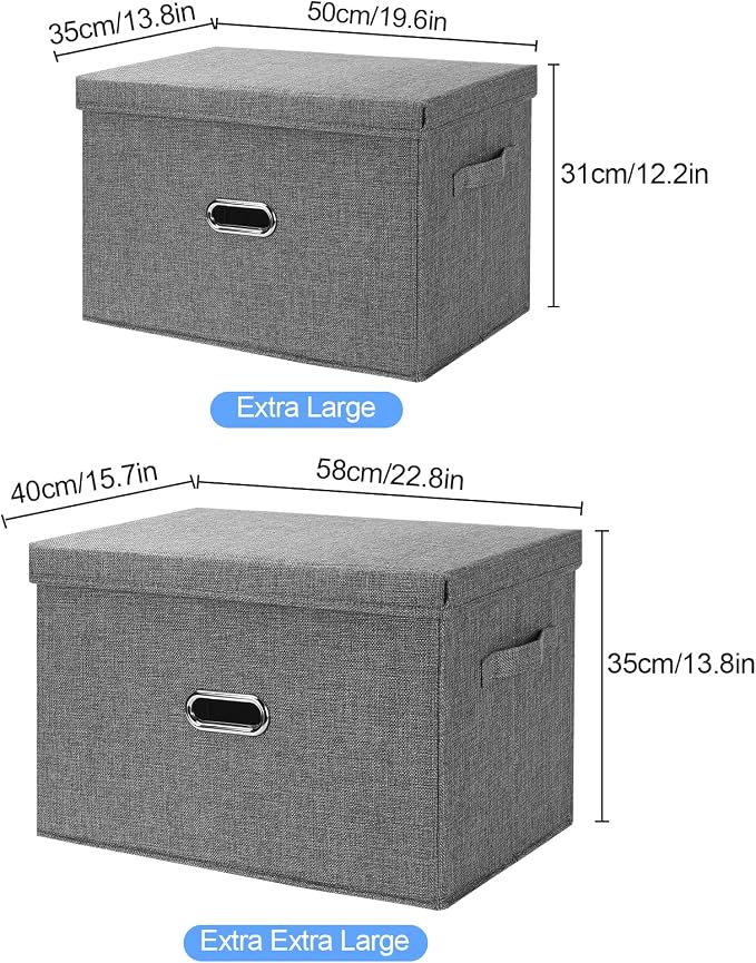 Large Linen Fabric Foldable Storage Bins with Removable Lid and Handles, Washable Storage Box Organizer Containers Baskets Cube with Cover for Bedroom,Closet,Office (Khaki, XXL(2-Pack))