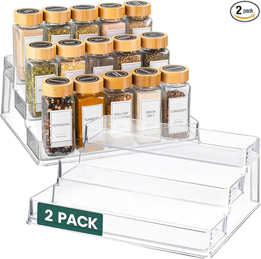 Oizeir Clear Spice Rack (2-Pack) - 3-Tier Acrylic Organizer for Cabinet - Deep Spice Shelf - 10.4 x 9.6 x 4 Inches - Holds Seasoning and Condiments