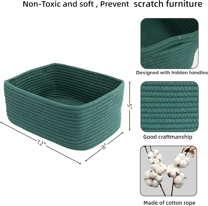 XUANGUO Small Woven Storage Baskets 12“X8”X5“ Decorative Rope Bins for Organizing Shelves, Closets, and Toys, Empty Gift Baskets, Cute Organizer Basket for Home and Office (dark green, regular)
