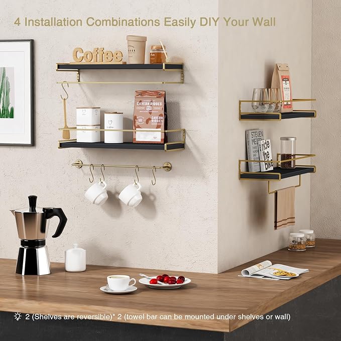 Forbena Black and Gold Bathroom Floating Shelves for Wall, Decorative Wall Mounted Shelves for Kitchen Coffee Bar Station Organizers and Storage, Hanging Shelving Unit for Bedroom Living Room (2-Pack)