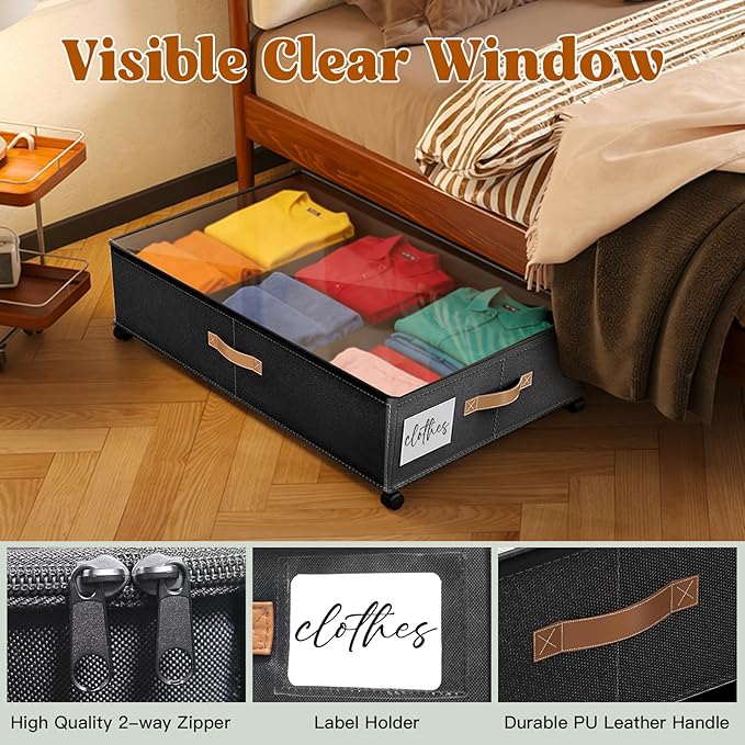 Under Bed Storage with Wheels, Rolling Storage Containers with Clear Lid and Handles for Clothes, Shoes, Blankets, Pillows, Toys, Books, Bags (60L, 30.9 x 16.9 x 6.7in, Black, 1 Pack)