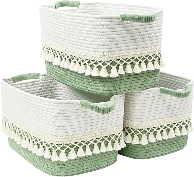 3 Pack Storage Basket for Shelves, Boho Cotton Rope Storage Bins with Heavy Tassel, Shelf Baskets Large Woven Baskets for Organizing, Cube Organizer Bins, Baby Laundry Basket for Clothes, Toys, Pets