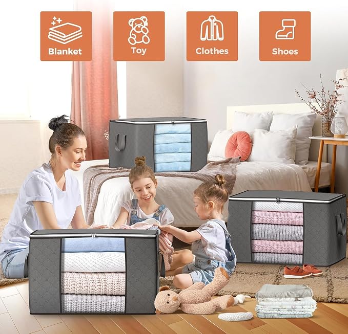 90L Large Storage Bags, 10 Pack Clothes Storage Bins Closet Organizers | Foldable Storage Containers, with Reinforced Handle, for Clothing, Blanket, Comforters, Bed Sheets, Pillows and Toys,Gray