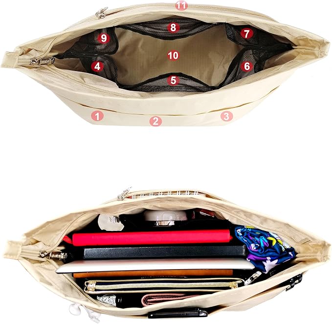 Handbag Tote Purse Organizer Insert, Large, Beige | Bag Divider Liner Shaper Separator in Bag with Zipper, 11 Pockets Compartments