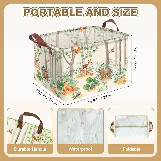 Woodland Animal Storage Basket Waterproof Canvas Toy Storage Bin Home Forest Decor Collapsible Outdoor Basket with Leather Handles Woodland Decor Blanket Baskets For Closets,Bedrooms,Gifts Baskets