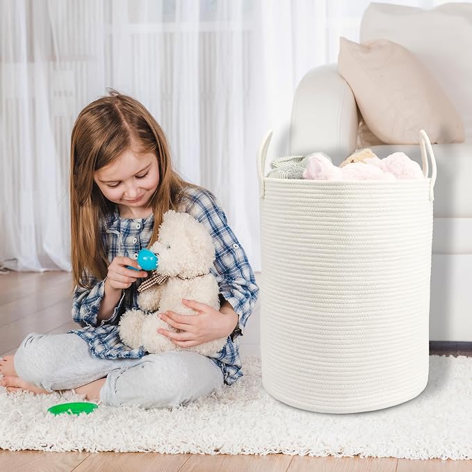 Woven Cotton Rope Laundry basket-15”X20” Laundry Hamper-Rope Storage Basket for Dirty Clothes, Toys and Blankets Perfect for Bathroom, Baby nursery and Living Room Storage (white)
