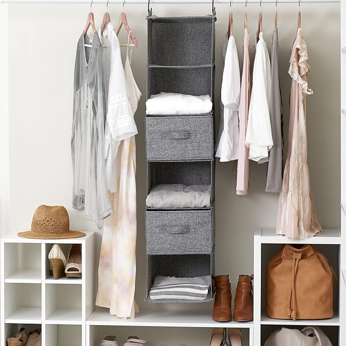 Household Essentials 6 Shelf Hanging Closet Organizer, Hanging Closet Shelf, Fabric Poly Linen and PEVA Shelving