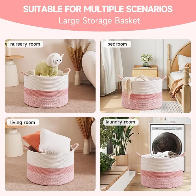 CLHMILY&Z Round Cotton Rope Storage Basket - 22x14.2 Inches - Cute Nursery Bin, Baby Toy Organizer, Pink Organizer for Home Decor, Multi-Purpose Home Tidy Solution