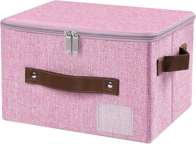 ANMINY Storage Bins with Zipper Lid Storage Boxes with Label Holder PU Leather Handles Washable Foldable Decorative Lidded Cotton Linen Fabric Cubes Baskets Closet Organizer - Pink, Small
