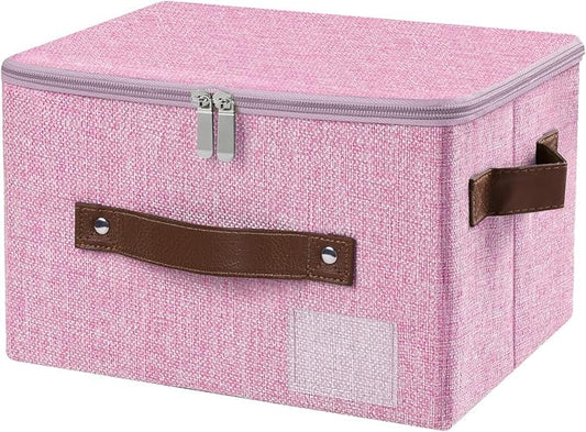 ANMINY Storage Bins with Zipper Lid Storage Boxes with Label Holder PU Leather Handles Washable Foldable Decorative Lidded Cotton Linen Fabric Cubes Baskets Closet Organizer - Pink, Small
