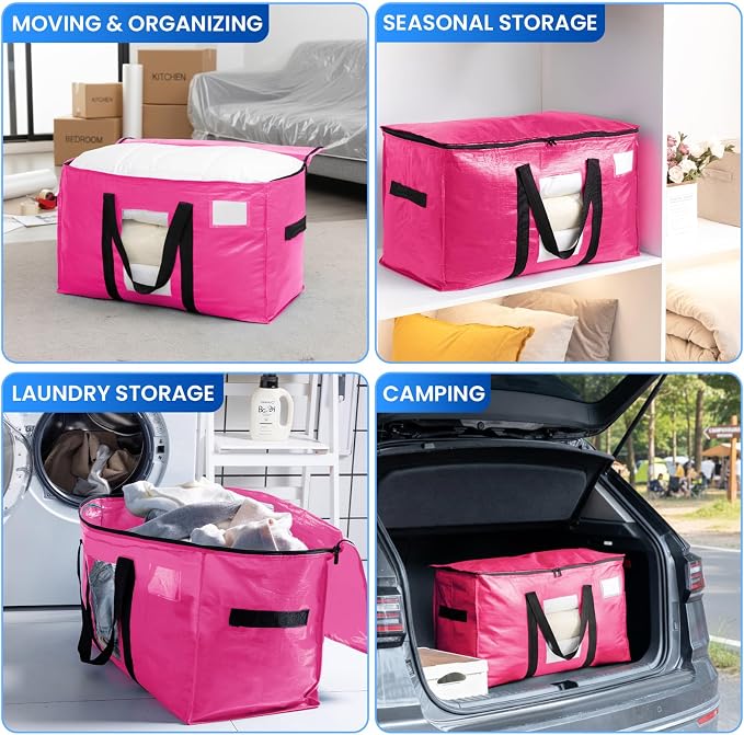 TAILI 10 Pack Pink Extra Large Moving Bags, Heavy Duty Totes with Visible Window, Wrap Around Handles, Ideal for Storage, Space-Saving