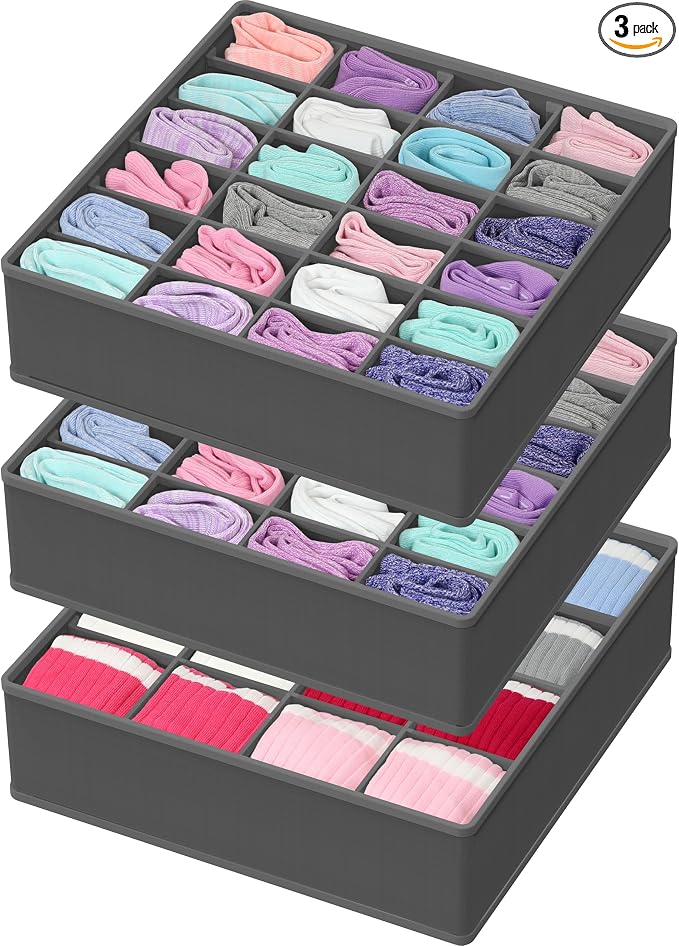 Simple Houseware Sock Drawer Organizer for Dresser/Closet/Bedroom, 3 Pack, Dark Gray