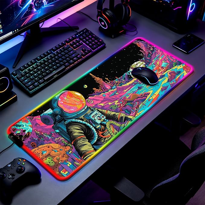 RGB Fantasy Planet Space Gaming Desk Mat, Computer Keyboard Large Extended Astronaut LED Mouse Pad for Office and Home, 31.5×11.8 Inches, XL