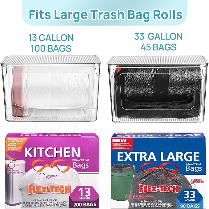 Vtopmart 2 Pack Clear Trash Bag Holder, Stackable Garbage Bag Dispenser | Trash Bag Organizer for 13/30/33 Gallon Bags, Clear Organizer Bins for Under Kitchen Sink, Laundry Room Organization
