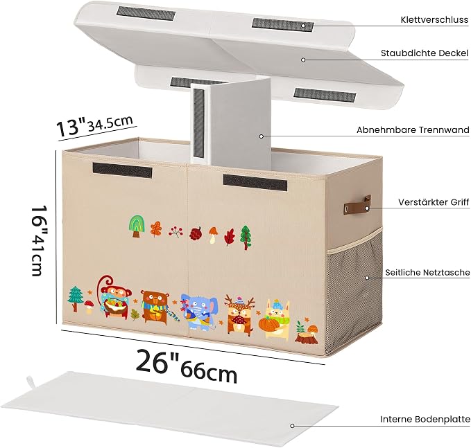 80L Large Toy Storage Box with Lid, Large Toy Box Chest for Kids, Girls and Boys, Nursery Room and Living Room, 26"x13" x16" (Dark Khaki-animal)