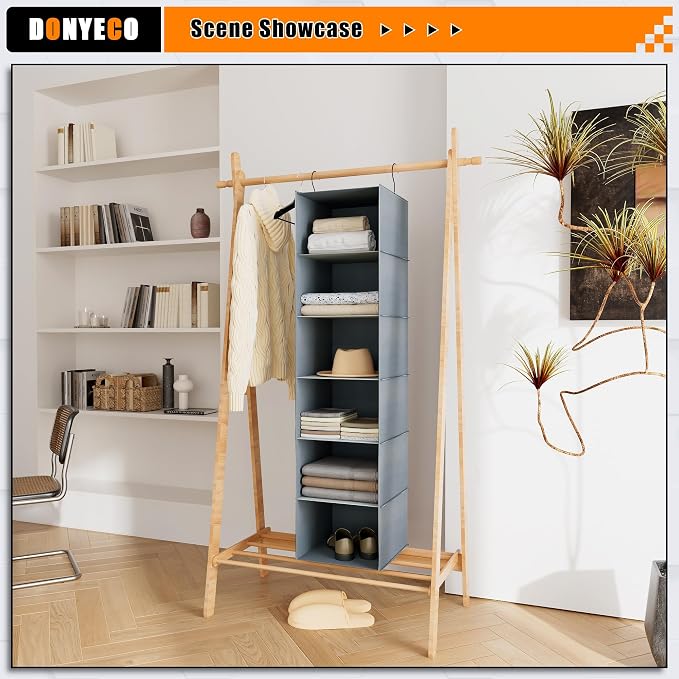 Hanging Closet Organizer 6-Shelf, Oxford Fabric Wardrobe Storage, Gray | Easy-mount foldable design holds clothes, handbags, shoes & accessories; washable Oxford fabric, sturdy and space-saving.