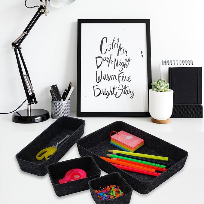 Welaxy Minimalist Felt Desk Drawer Organizer 8-Piece Charcoal Storage Bins