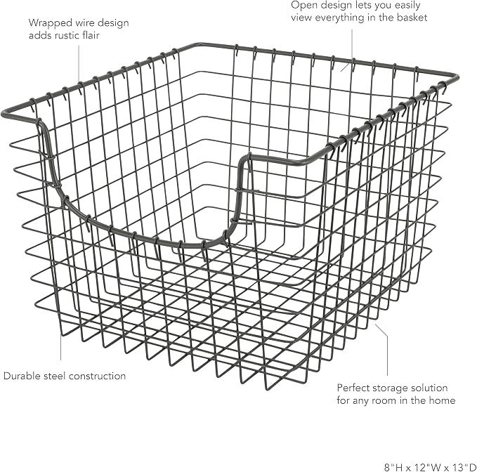 Spectrum Wire Scoop Basket Storage Bin Industrial Gray Nesting Metal Baskets Pack of 2 for Kitchen Pantry Closet Bathroom Garage Organization, Heavy Duty Wire Basket Organizer for Storage Decor