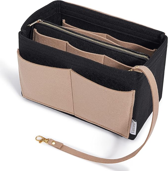 Vercord Felt Organizer Insert For Purse Handbag Tote Bag In Bag Inside Shaper Divider Neo Black & Beige X-Large